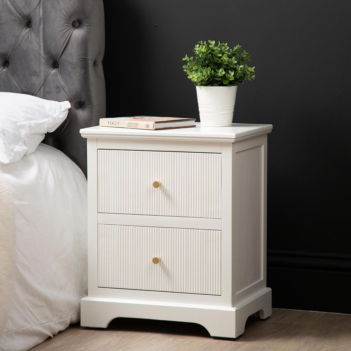 Lindon 2 Drawer Bedside Cabinet White With Gold Handles