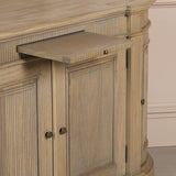 Rustic wooden buffet sideboard with fluted design and a pull-out shelf.
