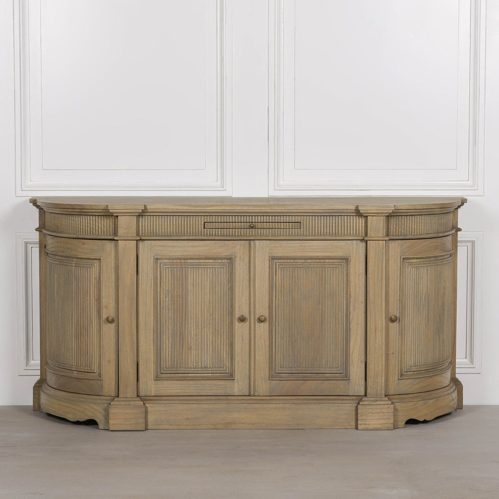 Rustic wooden buffet sideboard with fluted detailing and three doors. view 3