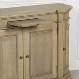 Rustic wooden buffet sideboard with fluted detailing and a small pull-out drawer.
