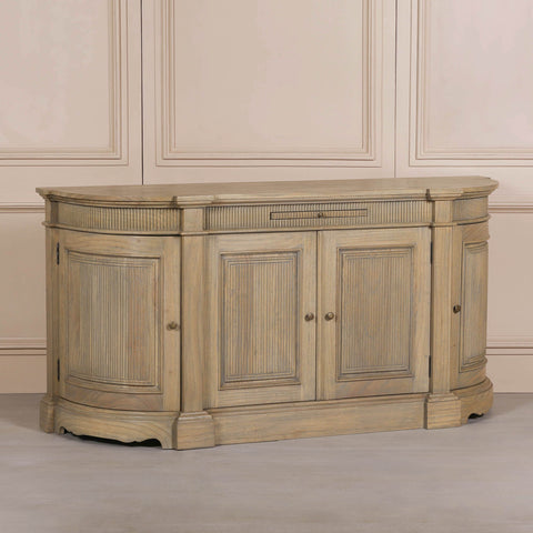 Rustic wooden buffet sideboard with fluted detailing and three doors. view 2