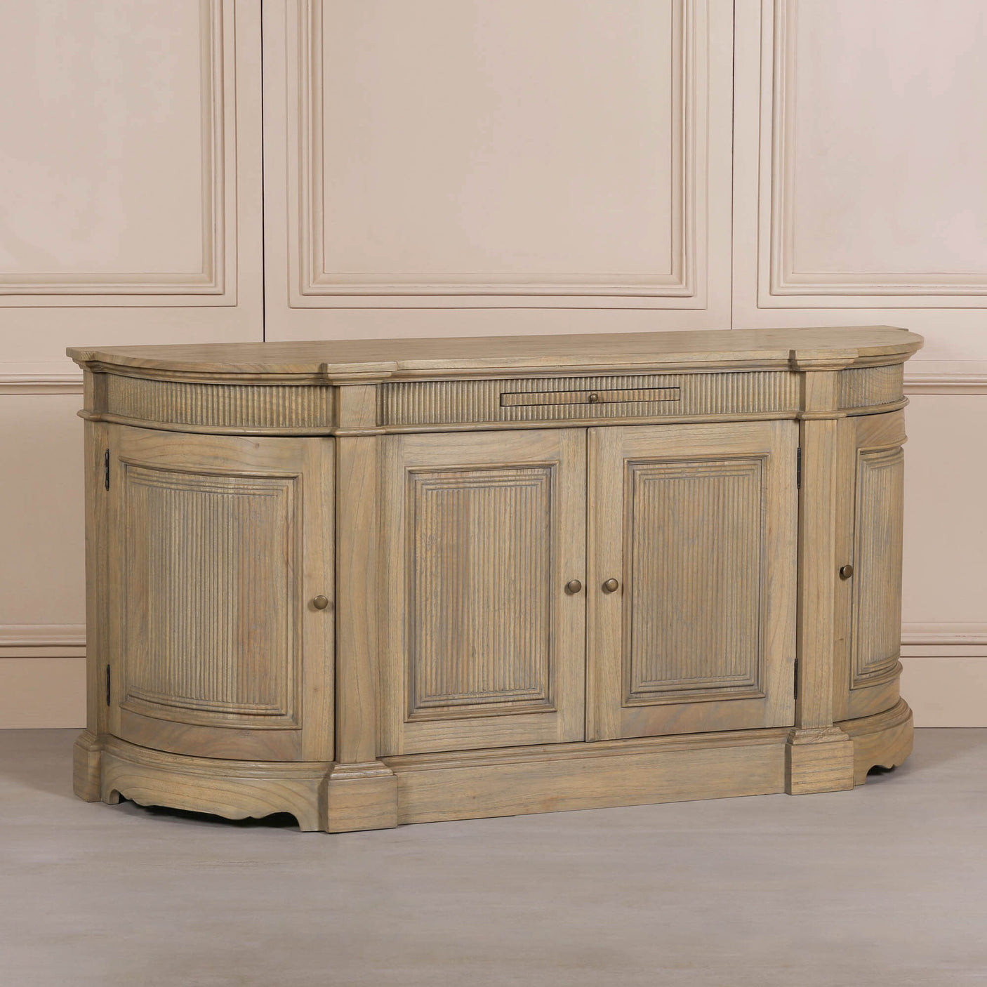 Rustic wooden buffet sideboard with fluted detailing and three doors. view 2