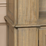 Close-up of a large rustic open bookcase showcasing textured wood grain and detailed craftsmanship.