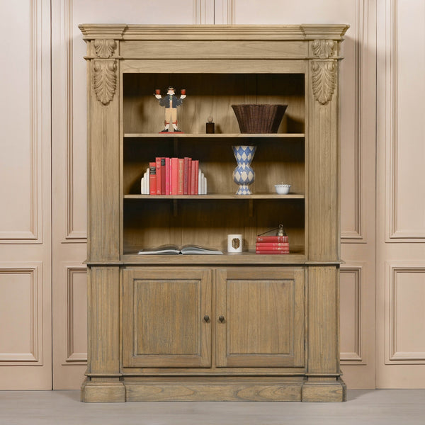Large rustic open bookcase with three shelves and two lower cabinets, set against a neutral wall.
