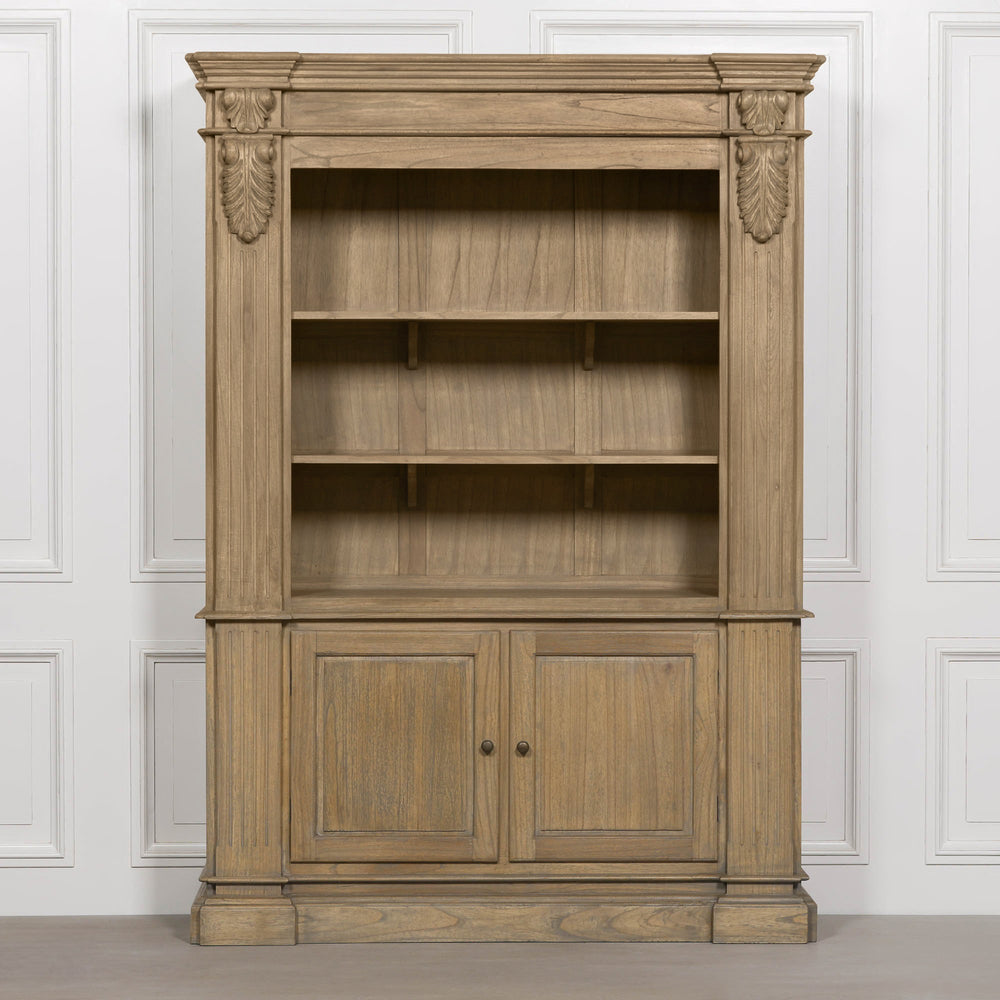 Large rustic open bookcase with four shelves and two lower doors, featuring decorative detailing.
