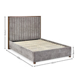 Gray upholstered bed with vertical channel tufted headboard and wooden frame, front right angle, dimensions shown