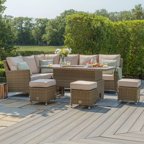 Rattan corner garden furniture set with beige cushions, glass-topped table and matching stools