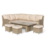 Beige rattan corner sofa set with cushioned seats, matching table and two stools