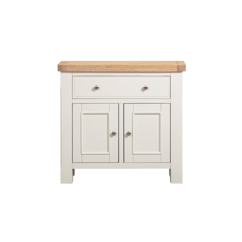 Small cabinet with wooden top and white painted doors on a white background