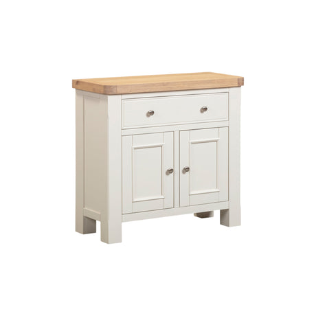 White cabinet with wooden top on a white background