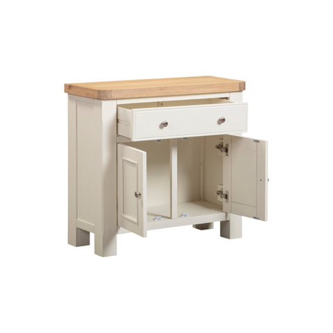 Small wooden cabinet with a white base and a wooden top on a white background