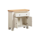 Small wooden cabinet with a white base and a wooden top on a white background