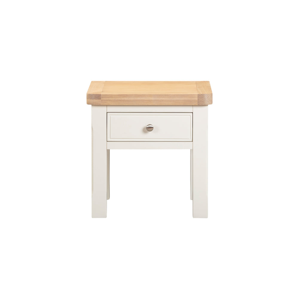 Small wooden side table with a white base on a white background