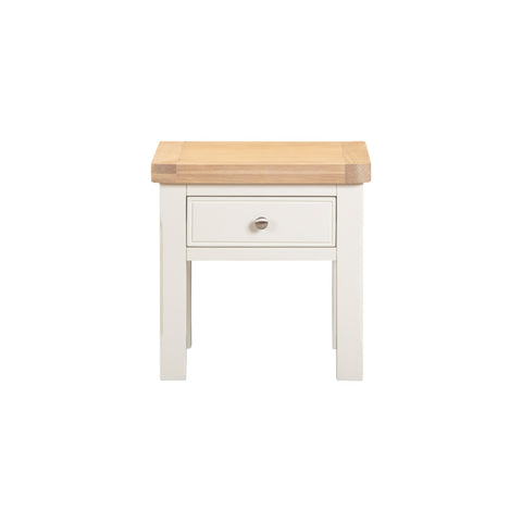 Small wooden side table with a white base on a white background