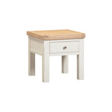 Small wooden table with a white base on a white background