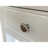 Close-up of a white cabinet with a silver knob on a white background