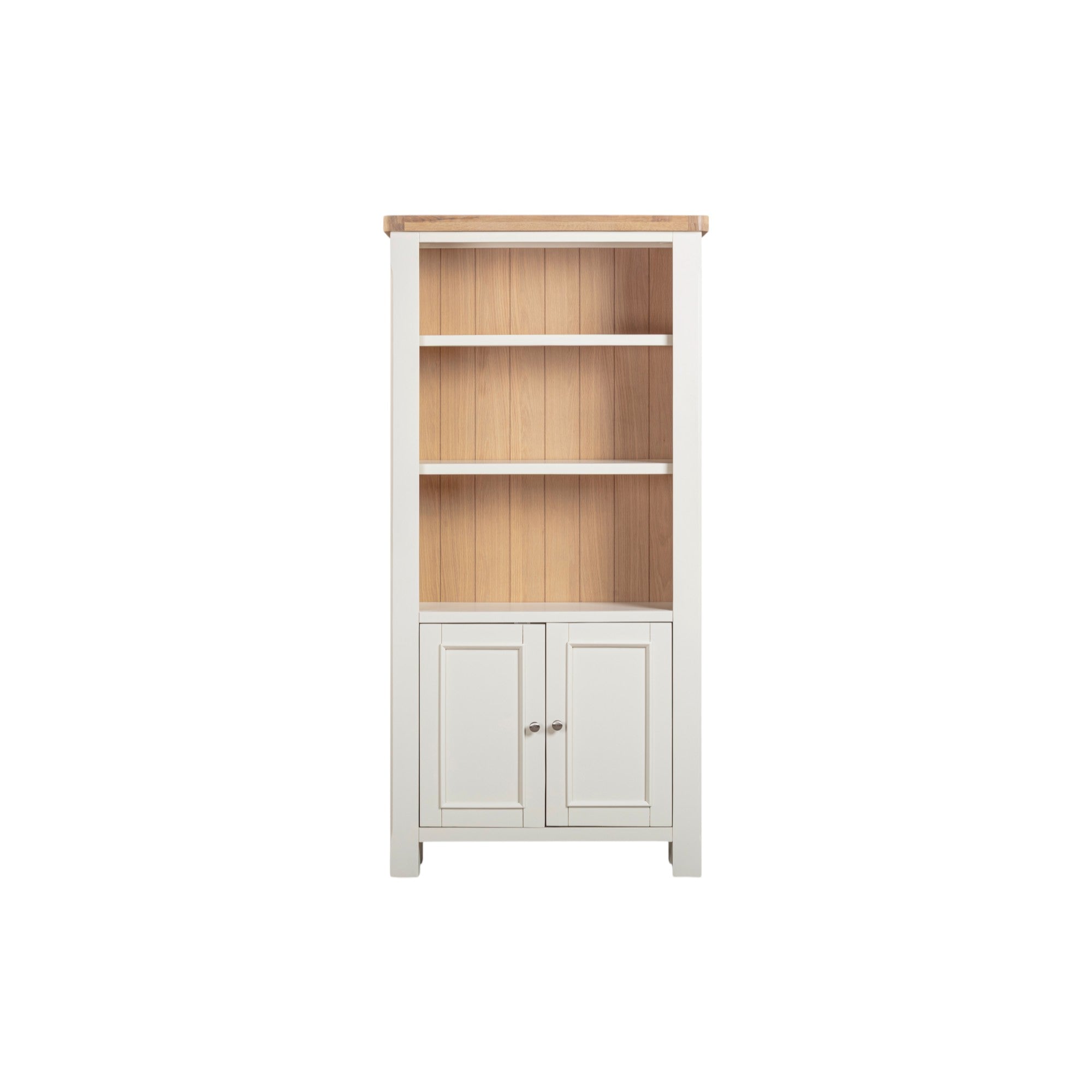 White bookshelf with wooden interior on a white background