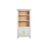White bookshelf with wooden interior on a white background