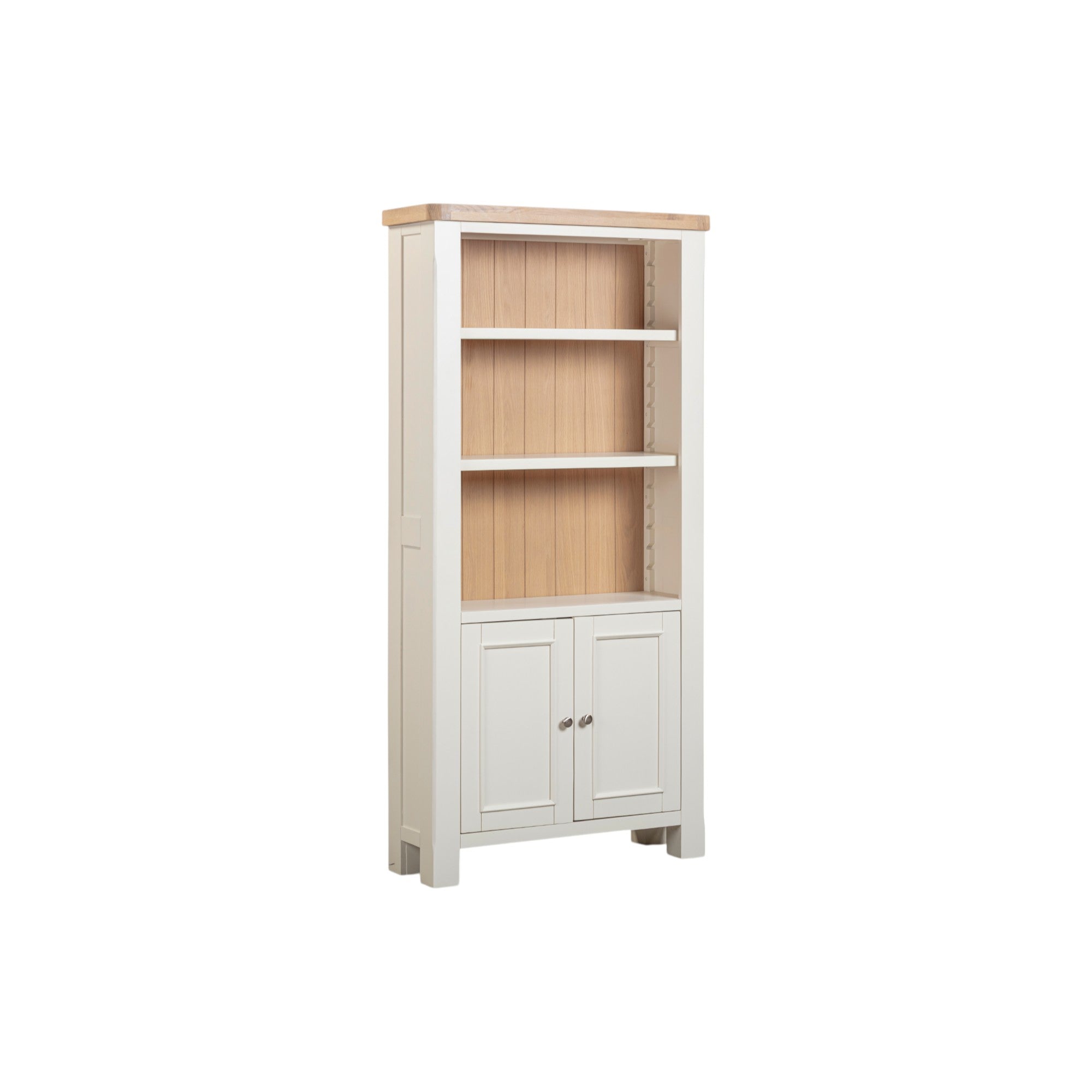 Wooden bookshelf with white base and light wood top on a white background