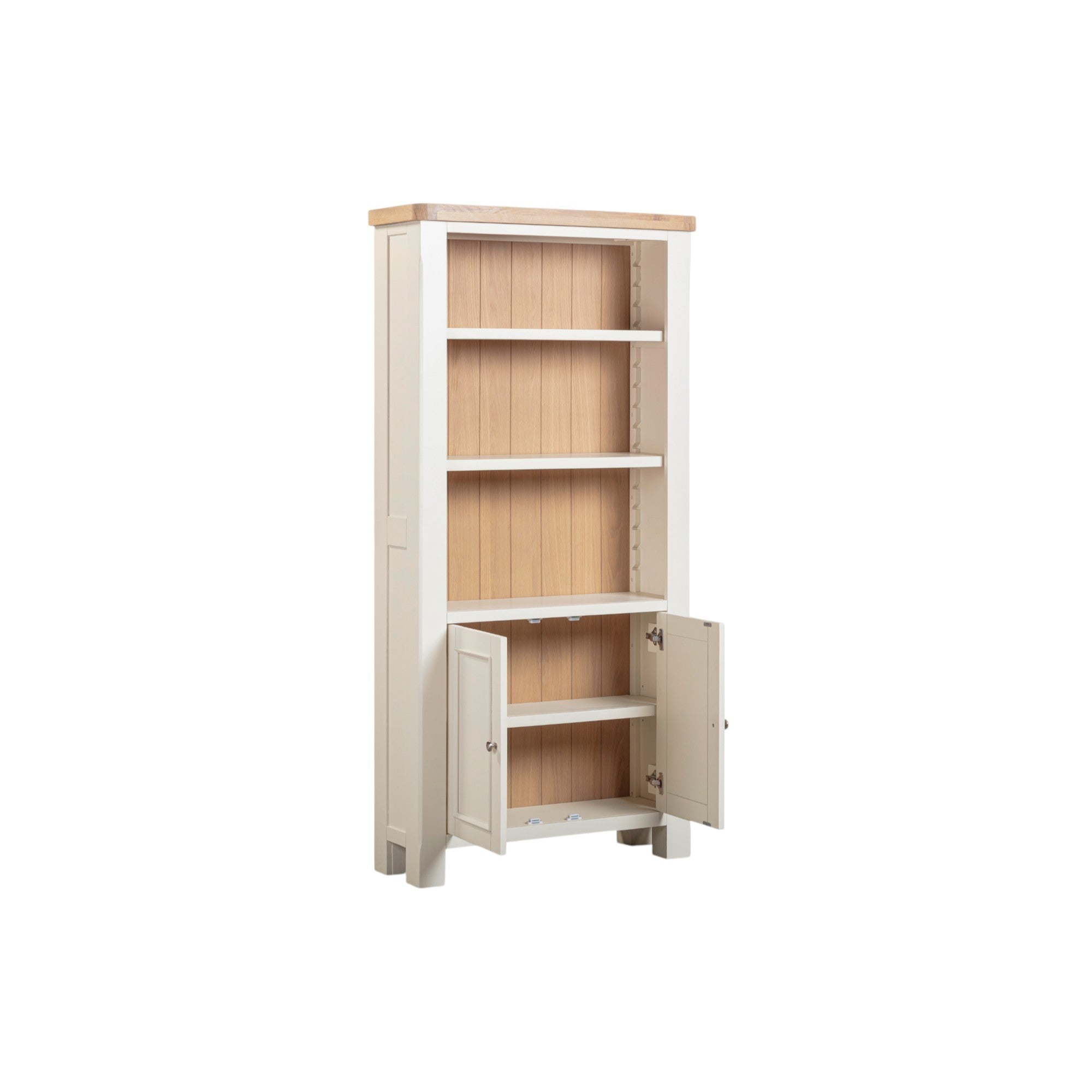 Wooden bookshelf with a white base and open doors on a white background