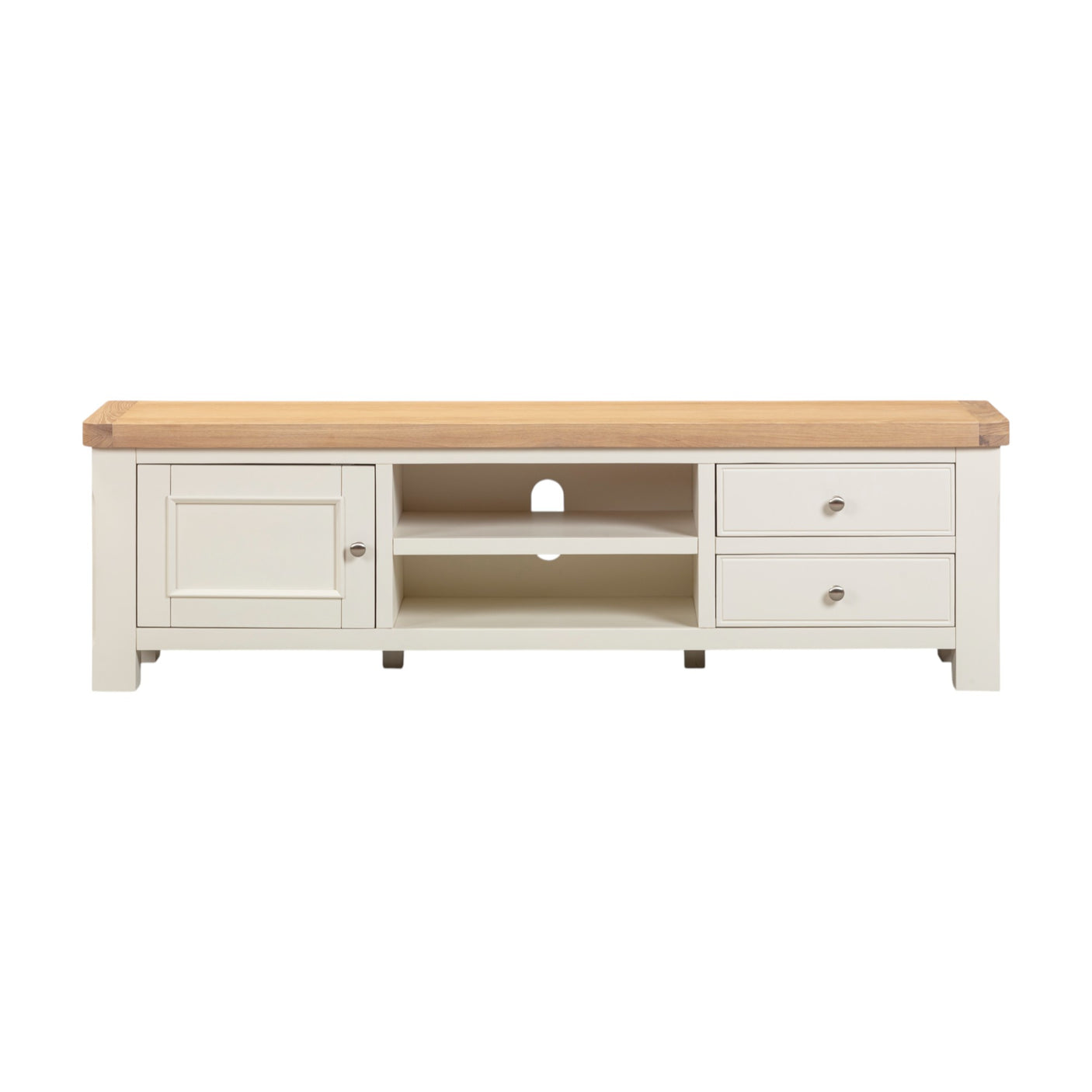 White TV stand with wooden top on a white background