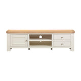 White TV stand with wooden top on a white background