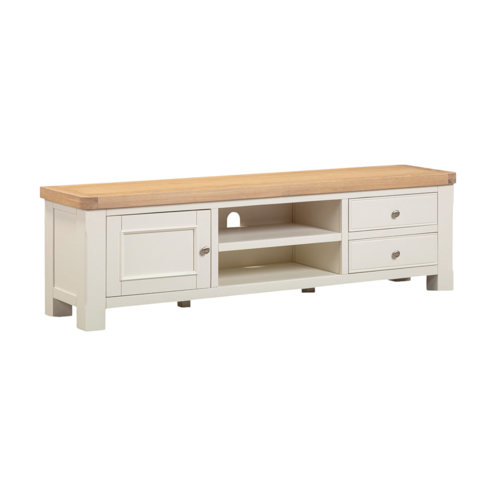 White TV stand with wooden top on a white background