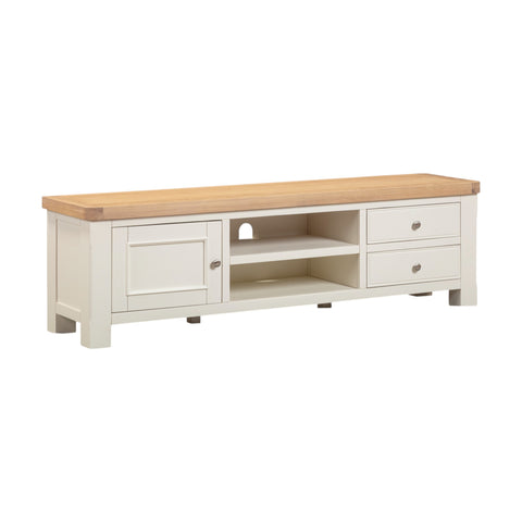 White TV stand with wooden top on a white background