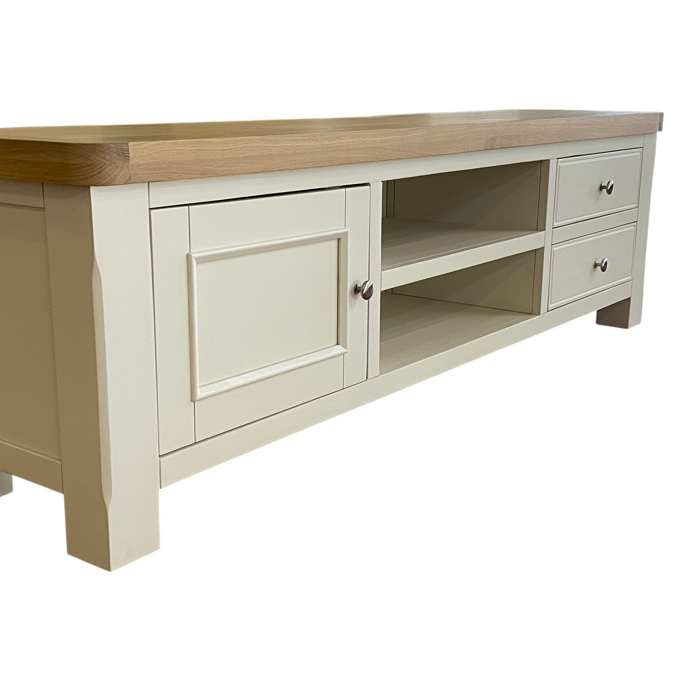 Wooden TV stand with a light finish and wooden top on a white background