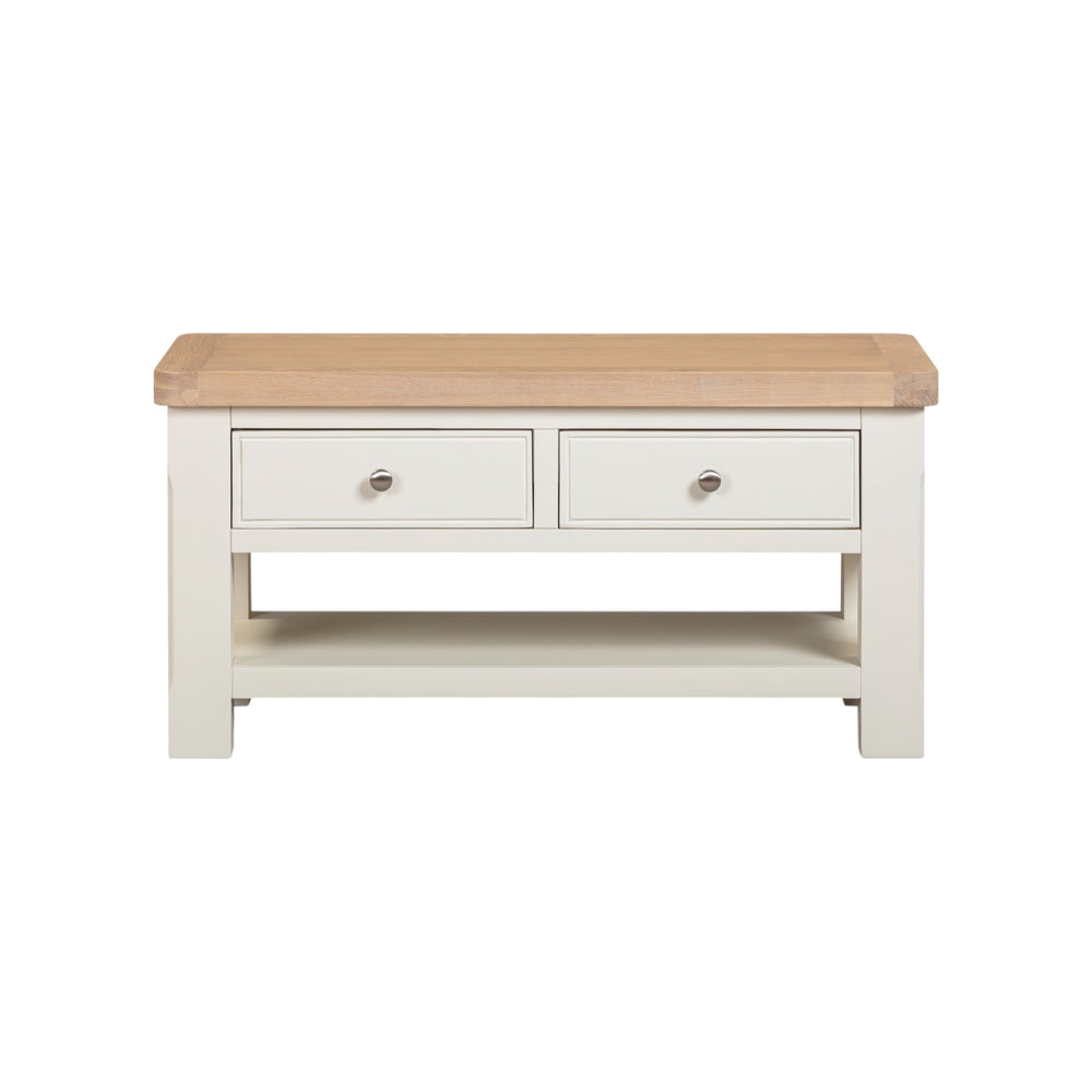 Console table with wooden top and white base on a white background