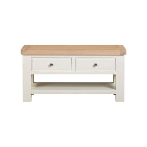 Console table with wooden top and white base on a white background