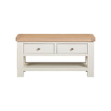 Console table with wooden top and white base on a white background