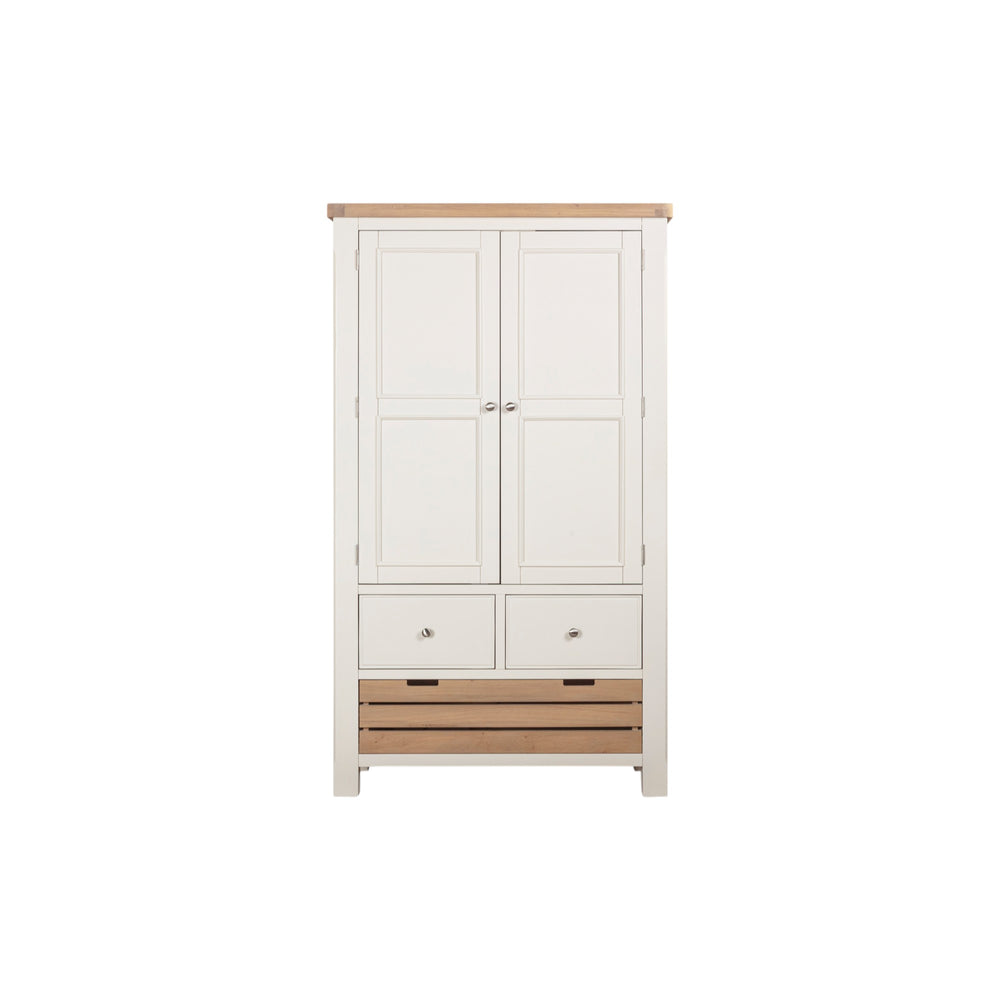 White wardrobe with wooden accents on a white background