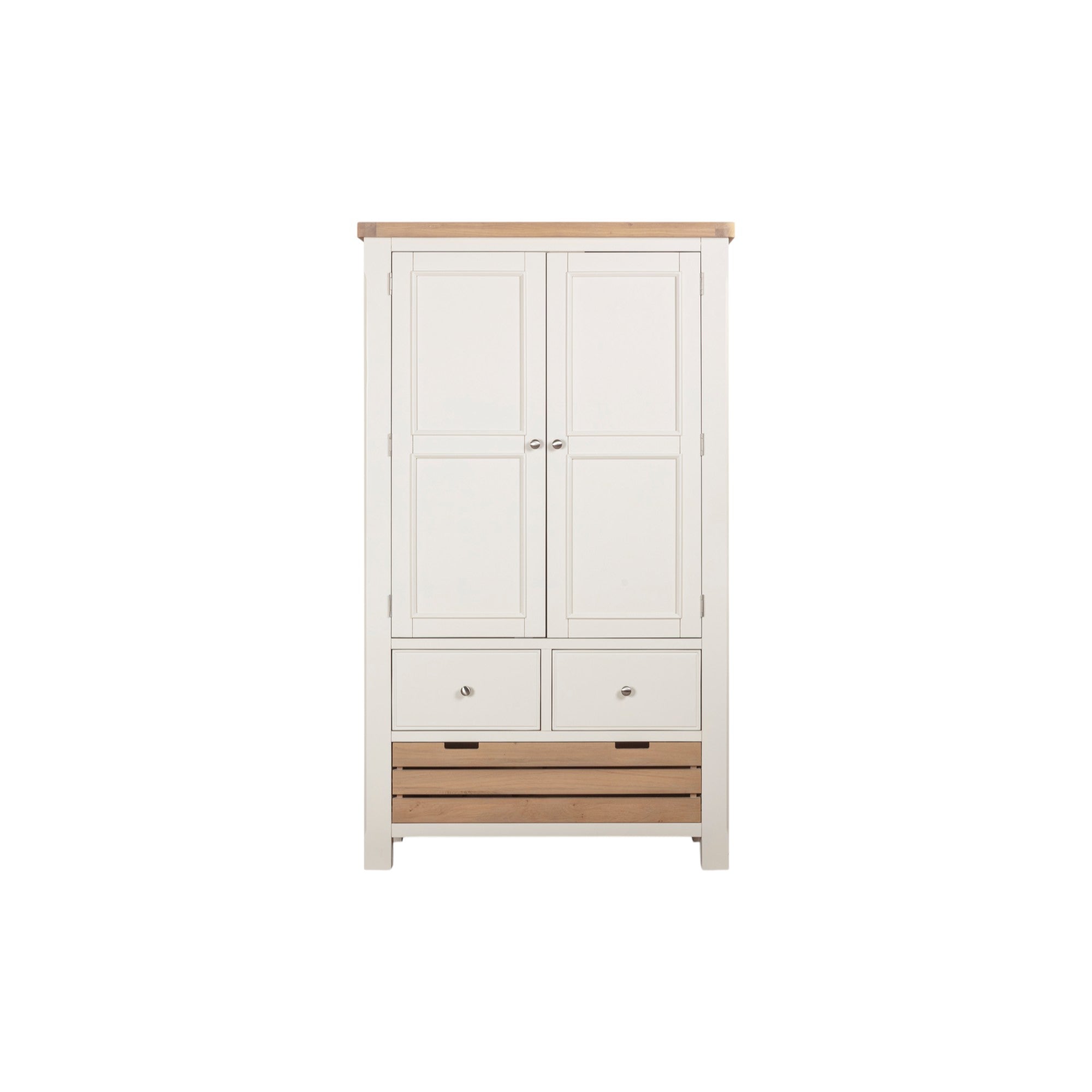 White wardrobe with wooden accents on a white background