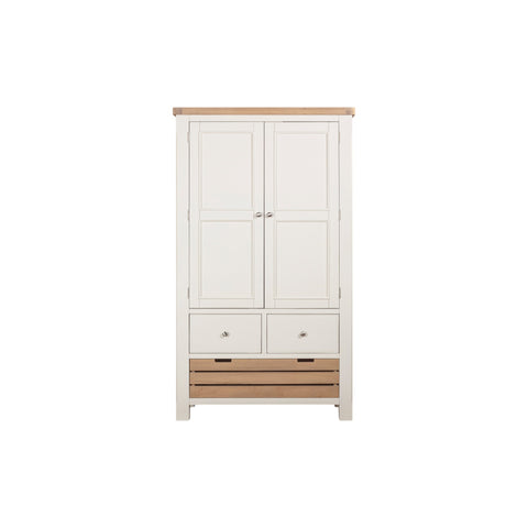 White wardrobe with wooden accents on a white background