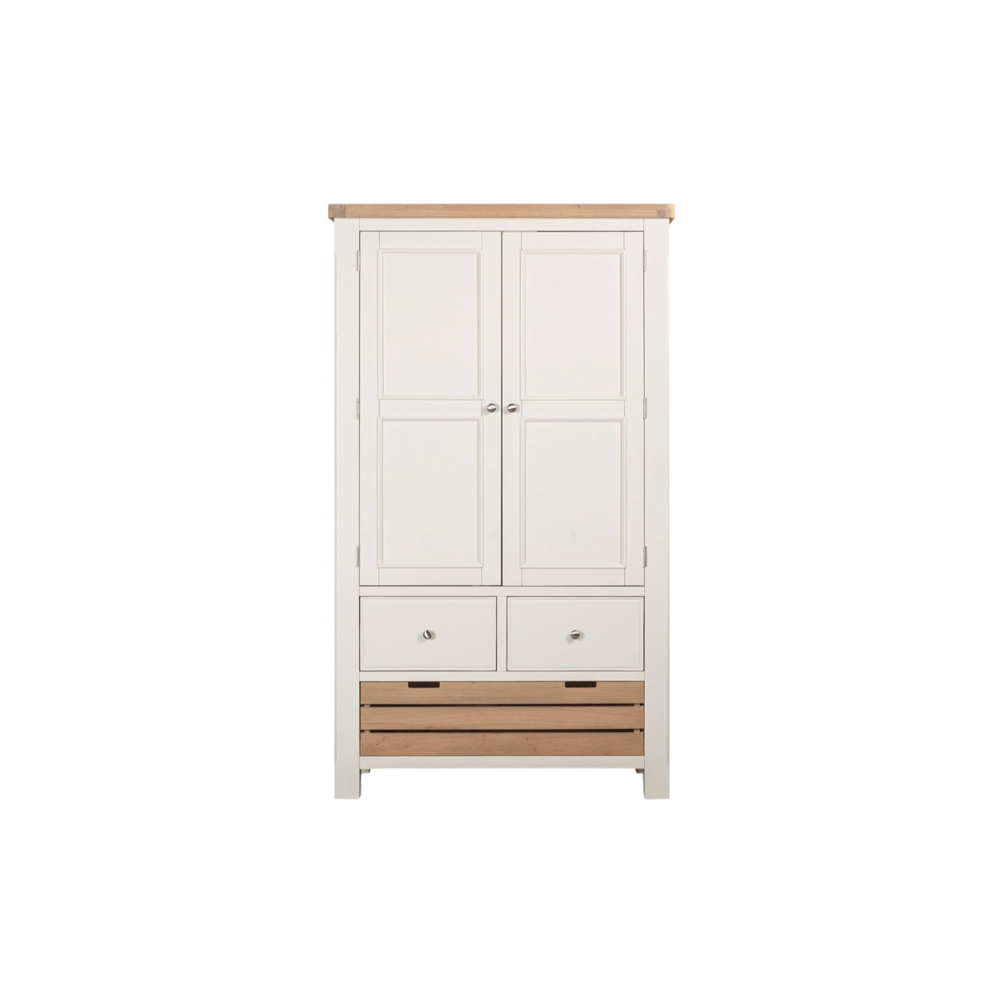 White wardrobe with wooden accents on a white background