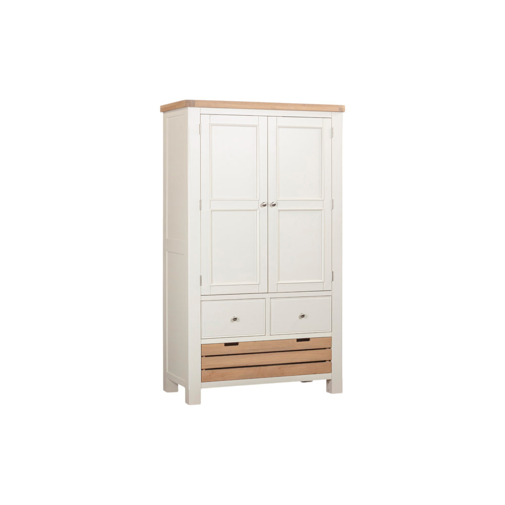 White wardrobe with wooden accents on a white background