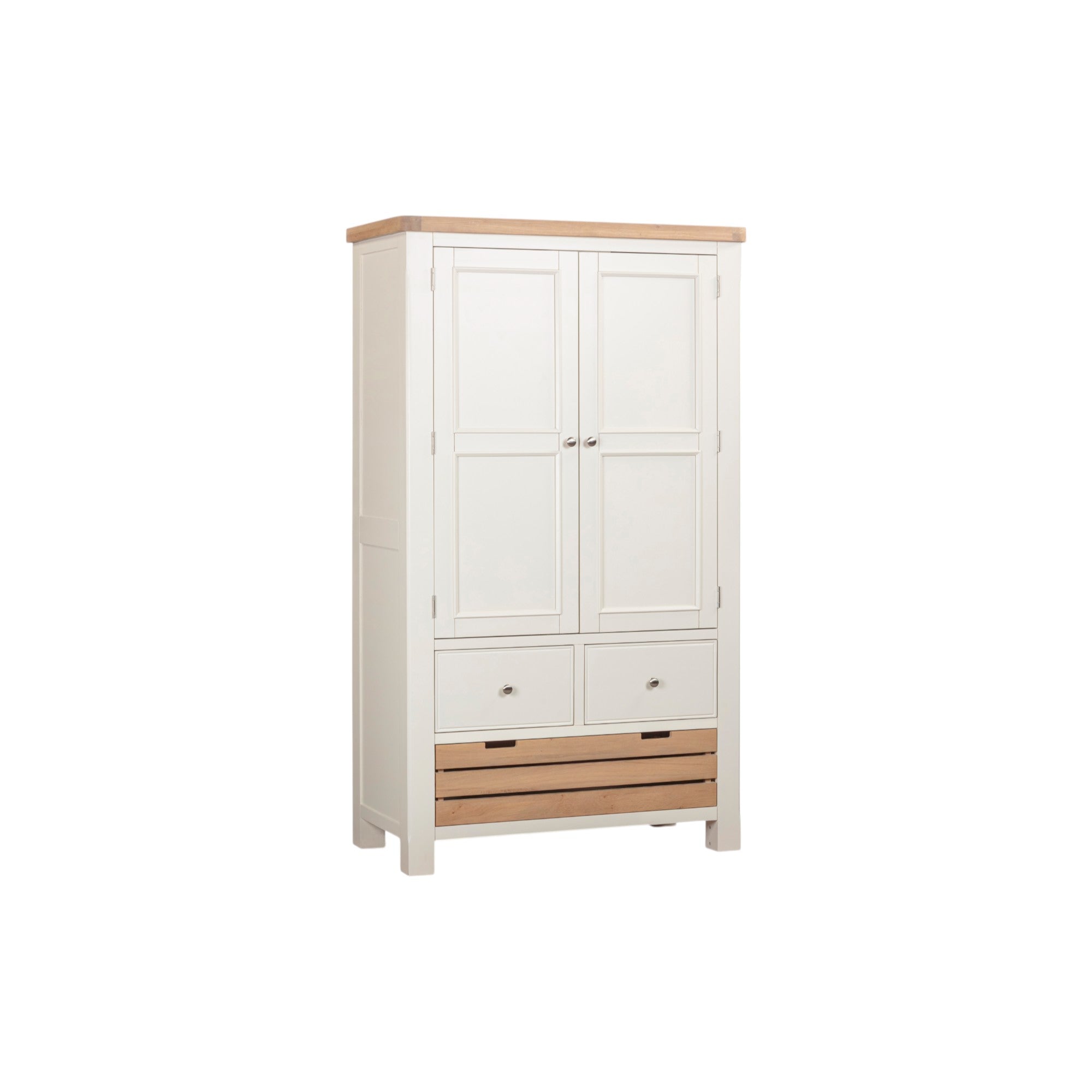 White wardrobe with wooden accents on a white background