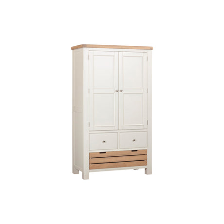 White wardrobe with wooden accents on a white background