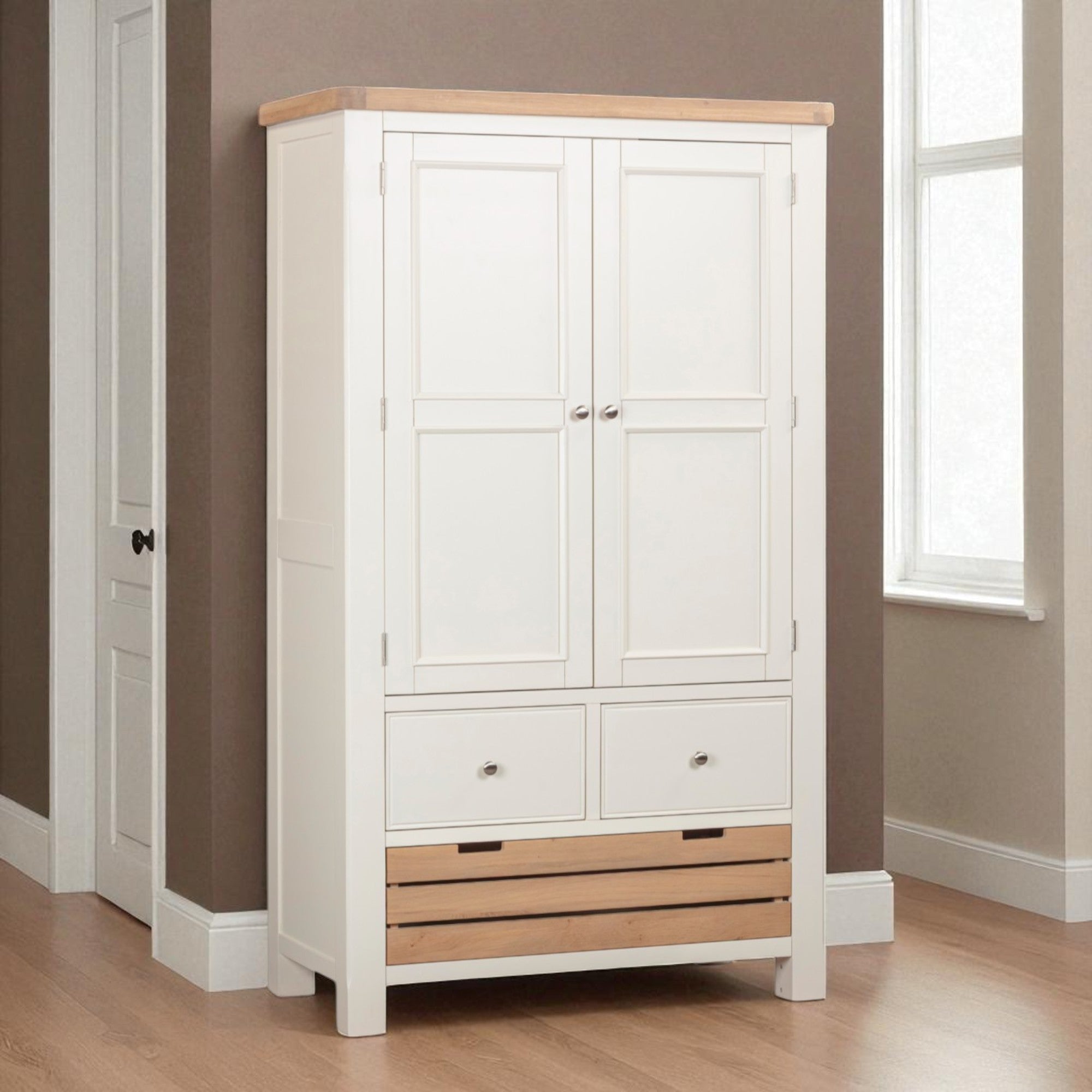 White wardrobe with wooden accents in a room with a window.