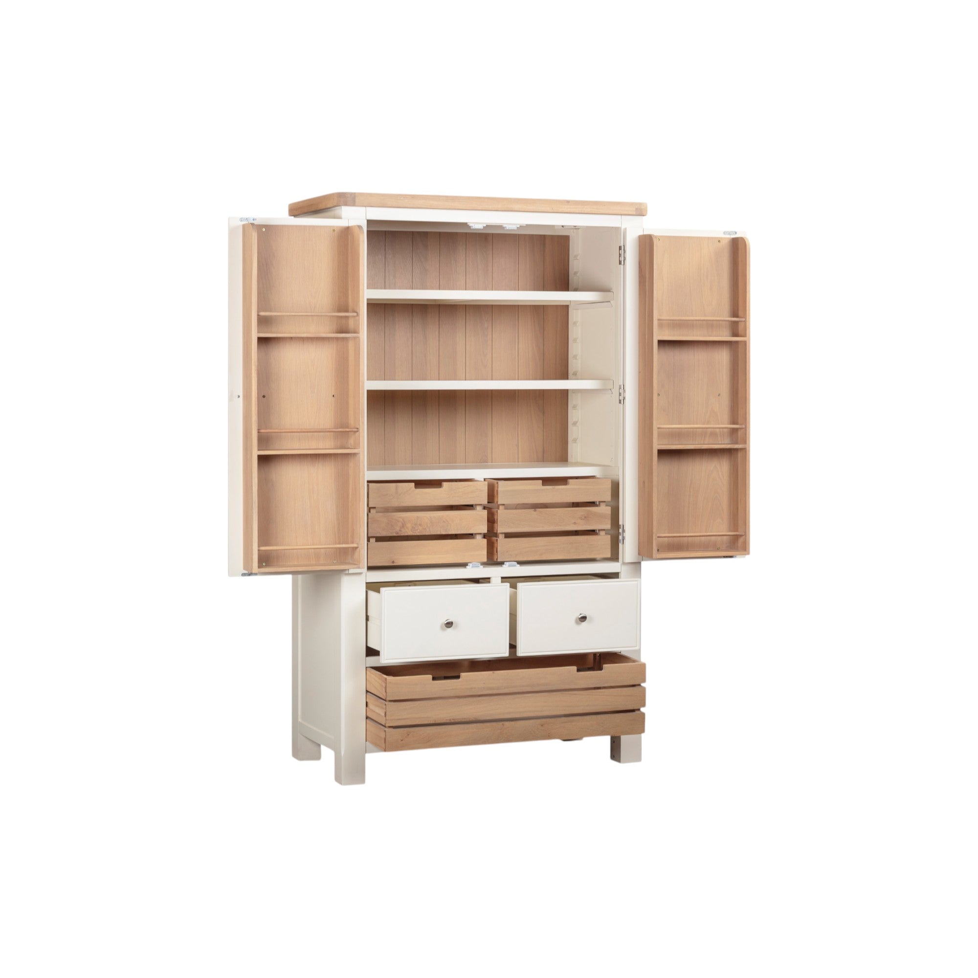 Wooden cabinet with open doors on a white background