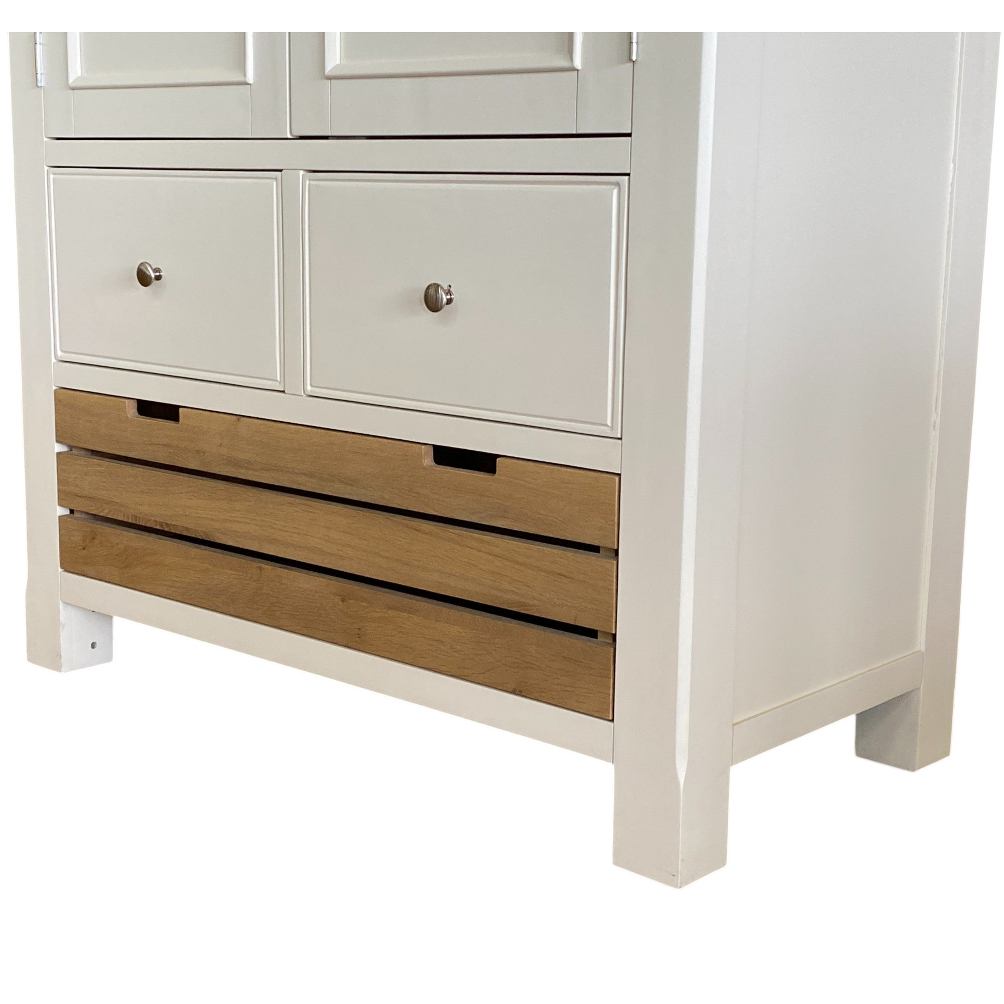 White dresser with wooden drawers on a white background
