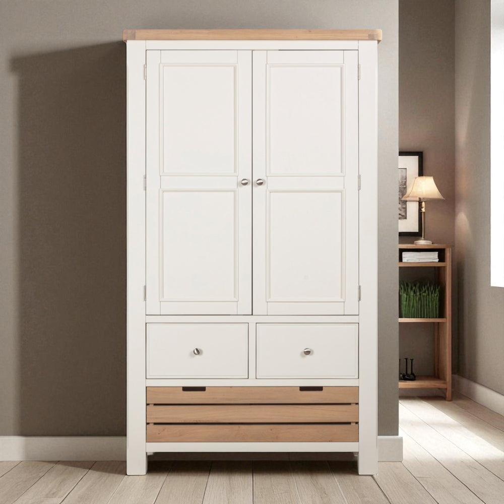 White wardrobe with wooden accents in a room setting