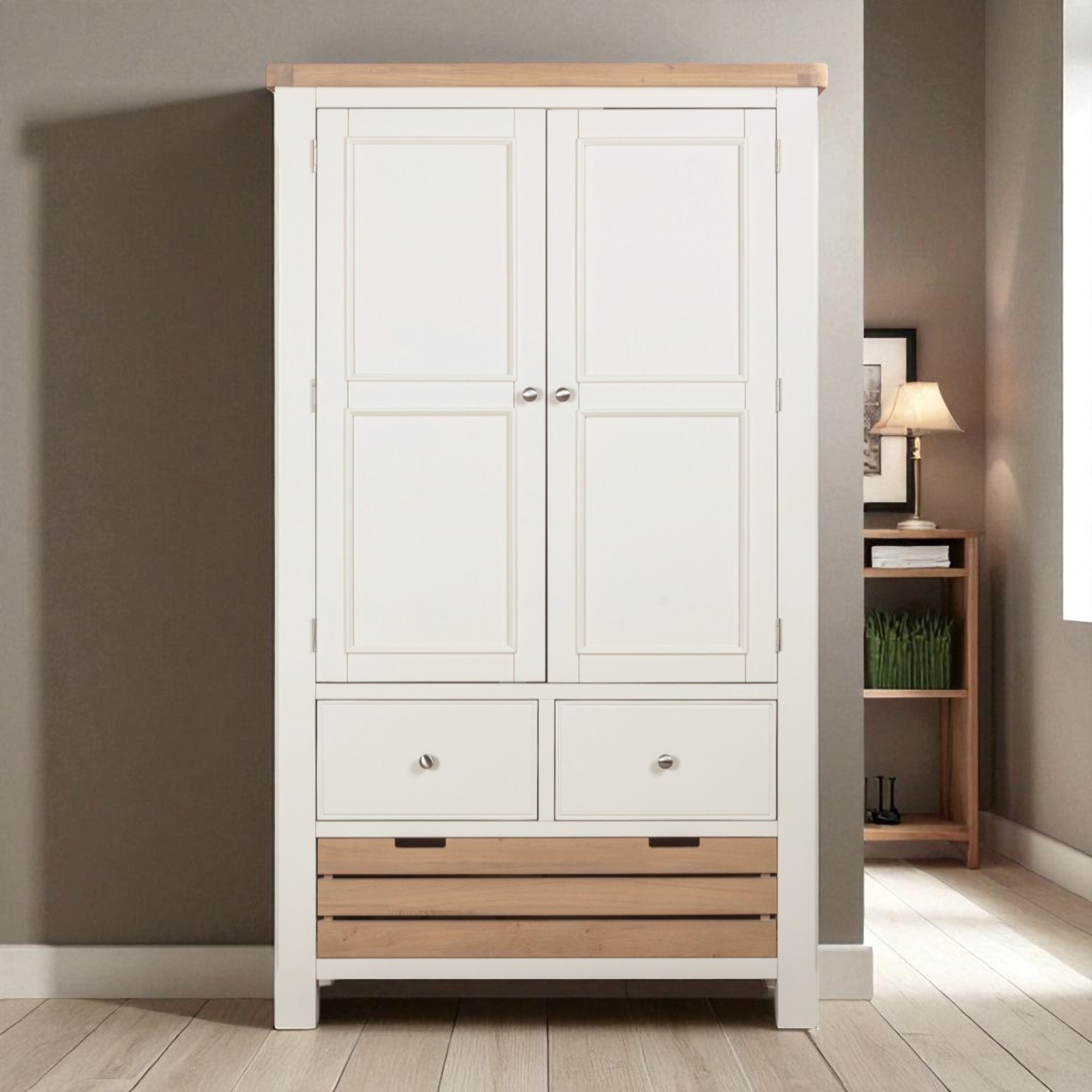 White wardrobe with wooden accents in a room setting