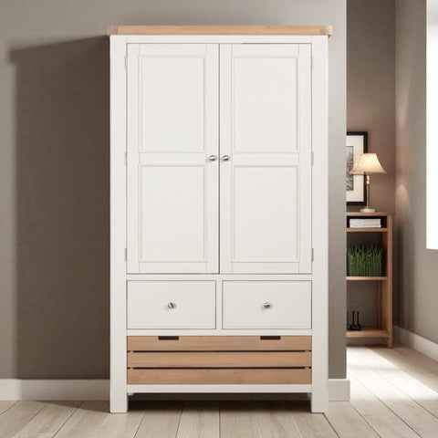 White wardrobe with wooden accents in a room setting