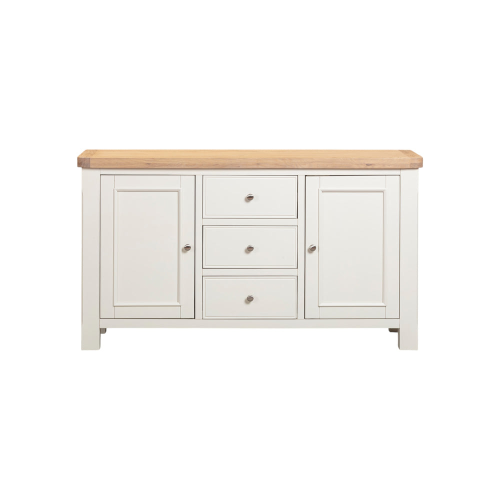 White sideboard with wooden top on a white background
