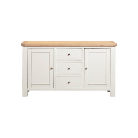 White sideboard with wooden top on a white background