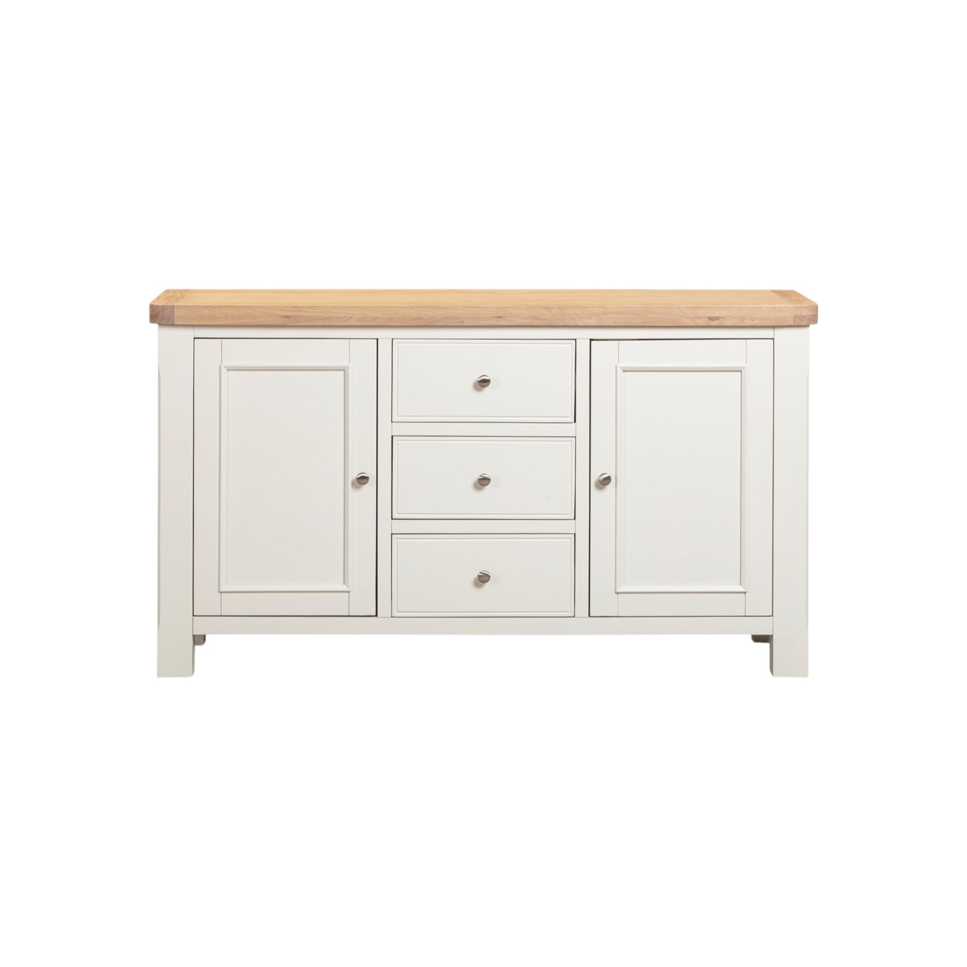 White sideboard with wooden top on a white background