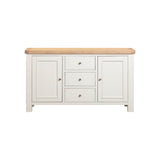 White sideboard with wooden top on a white background