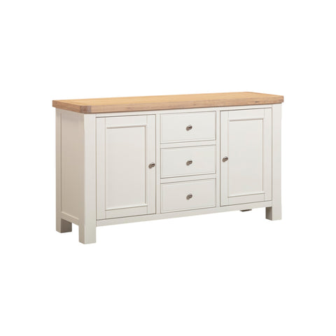 White sideboard with wooden top on a white background